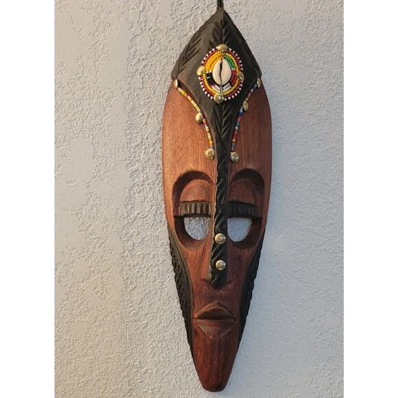 Artisan Other - Artisan Carved Painted Wooden Tribal Mask w/ Shell, Beading and Pins